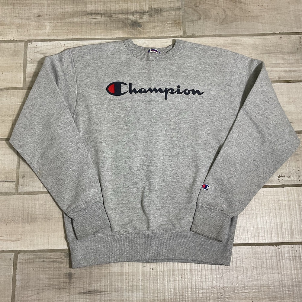 Mens Medium Champion Spellout‎ Logo Crew Neck Sweatshirt Gray Grey